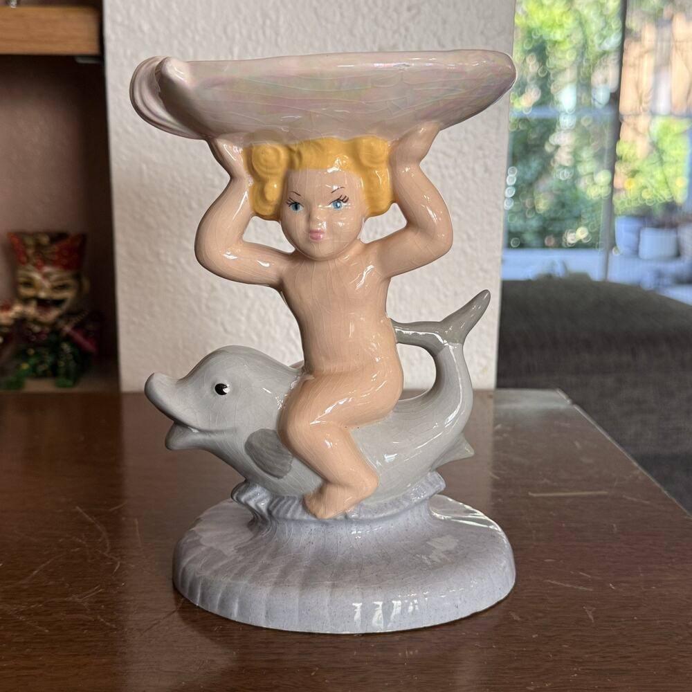 Vtg Holland Mold Cherub Dolphin Soap Dish Stand Rare Color Girl 1970s Whimsical